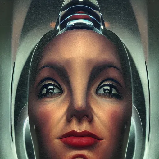 Image similar to detailed face of a woman, clockwork, moment, tectonic sky, skydome, bullet train, turbines, utopian, tech noir, wet reflections, prism, atmospheric, ambient, pj crook, syd mead, emma uber, greg rutkowski, edward hopper