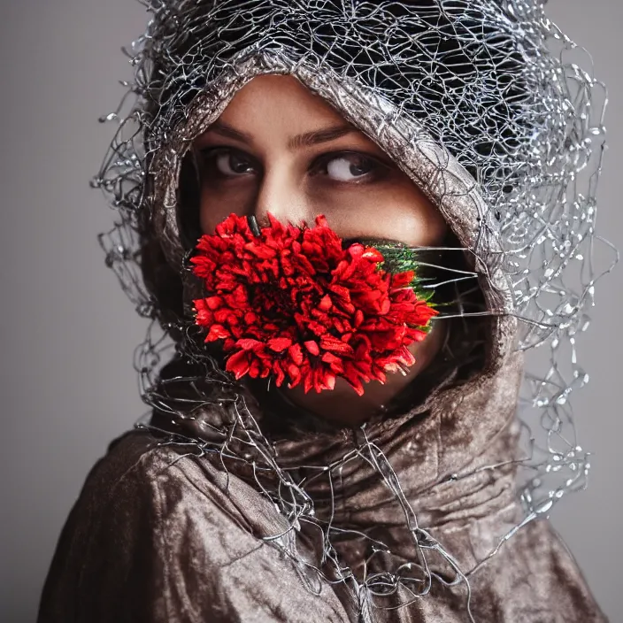 Prompt: a closeup of a woman wearing a hood made of wire and zinnias, in an abandoned office building, canon eos c 3 0 0, ƒ 1. 8, 3 5 mm, 8 k, medium - format print