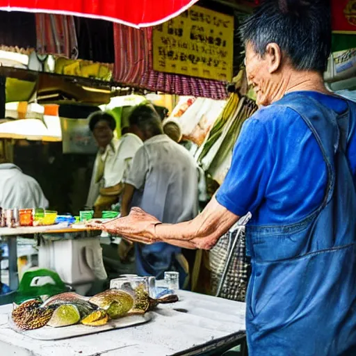 Prompt: an old male hawker at a stall in Singapore selling fishbeer
