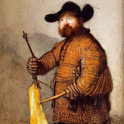 Prompt: a painting of a sausage wearing medieval clothes painted by Rembrandt van Rijn