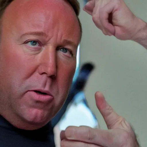 Prompt: alex jones looking at gay frogs