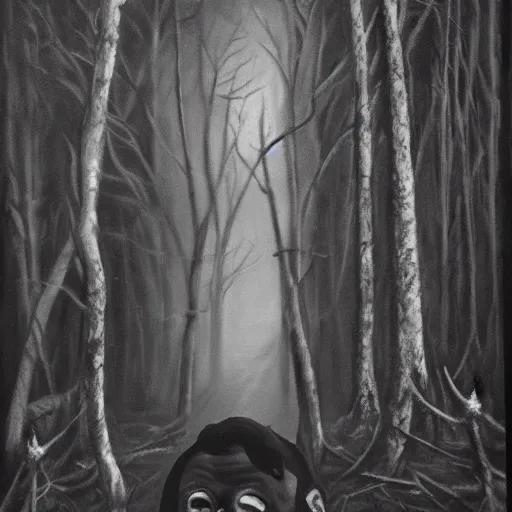 Image similar to Ted Cruz with a wide grin chases you through a dark forest, black and white, creepy lighting, scary, horror, ornate, eerie, fear, oil painting