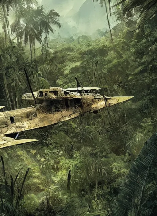 Prompt: World war airplane wreck in an exotic jungle, Dynamic lighting, cinematic, establishing shot, extremely high detail, photo realistic, cinematic lighting, pen and ink, intricate line drawings, post processed, concept art, artstation, matte painting, style by Raphael Lacoste, Eddie Mendoza