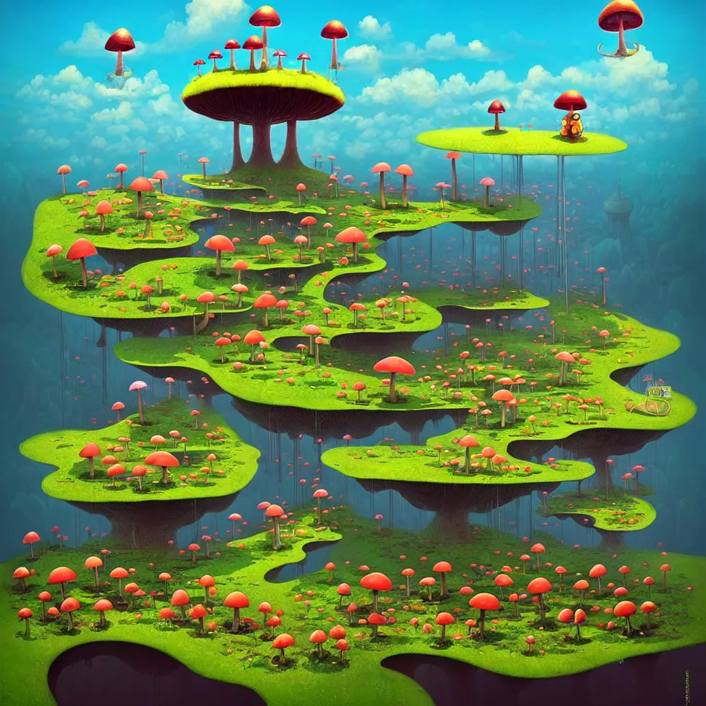 Prompt: surreal mushroom kingdom, floating island in the sky, waterpipes in the ground, summer morning, very coherent and colorful high contrast, art by!!!! gediminas pranckevicius!!!!, geof darrow, dark shadows, hard lighting