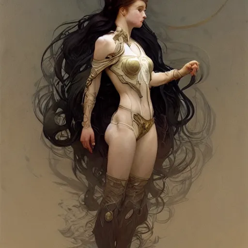 Image similar to a full body portrait of a beautiful ethereal child girl warrior, intricate, elegant, highly detailed, digital painting, artstation, concept art, smooth, sharp focus, illustration, art by krenz cushart and artem demura and alphonse mucha