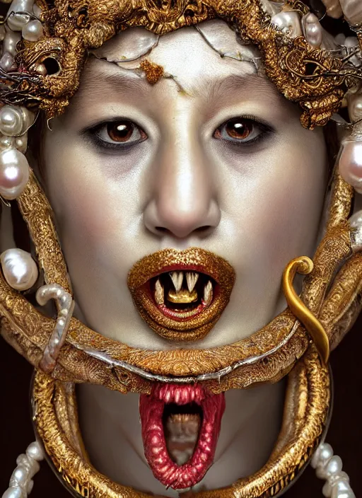 Image similar to hyperrealism, detailed textures, award winning autochrome photo, symetrical japanese pearl old screaming medusa queen autochrome pearl portrait, pearl silverplate, intricate, detailed facial pearl scary animal mask, pearl, golden jewelery, silverplate, ultra realistic, cinematic, intricate, cinematic light by steve mccurry, unreal engine 8 k