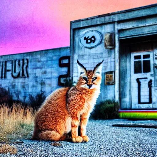 Prompt: a cute fluffy caracal in a sunset light landscape with historical route 6 6, lots of sparkling details and sun ray ’ s, blinding backlight, smoke, volumetric lighting, colorful, octane, 3 5 mm, abandoned gas station, beautiful epic colored reflections, very colorful heavenly, softlight