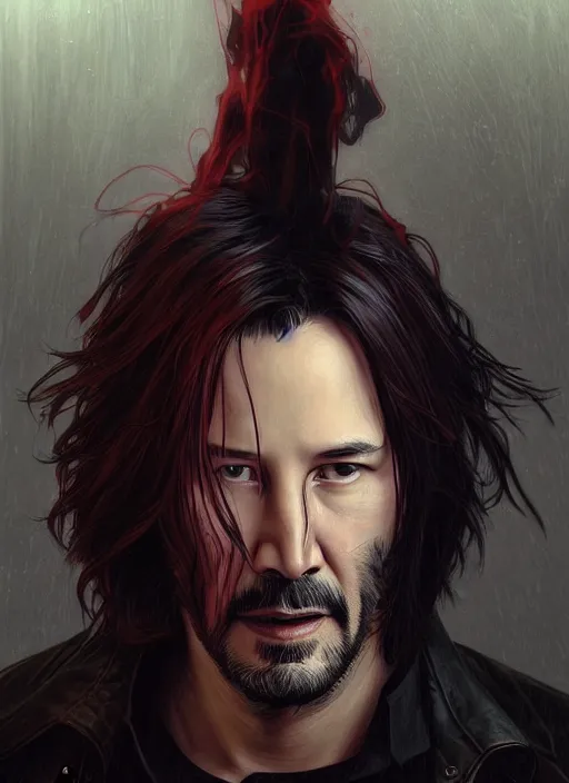 Prompt: Keanu Reeves, red glowing eyes, silver long hair, male, cyberpunk, extremely detailed, digital painting, artstation, concept art, smooth, sharp focus, illustration, stunning lighting, art by artgerm and greg rutkowski and alphonse mucha and simon stalenhag, realistic character concept, high fantasy, dark atmosphere, golden ratio, cinematic lighting, hyperdetailed, high resolution, insanely detailed and intricate, artstation, Marc Simonetti, Greg Rutkowski, 8k