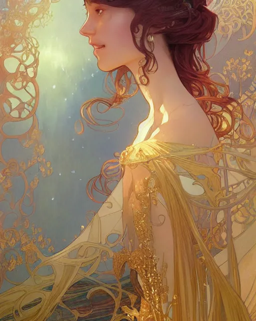 Image similar to secret romance, highly detailed, gold filigree, romantic storybook fantasy, soft cinematic lighting, award, disney concept art watercolor illustration by mandy jurgens and alphonse mucha and alena aenami, pastel color palette, featured on artstation