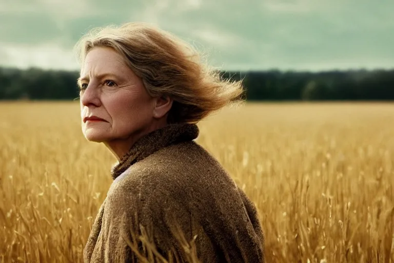 Image similar to a cinematic headshot portrait of a frozen middle aged woman stood in a field, field on fire, ultra realistic, depth, beautiful lighting, by annie leibovitz