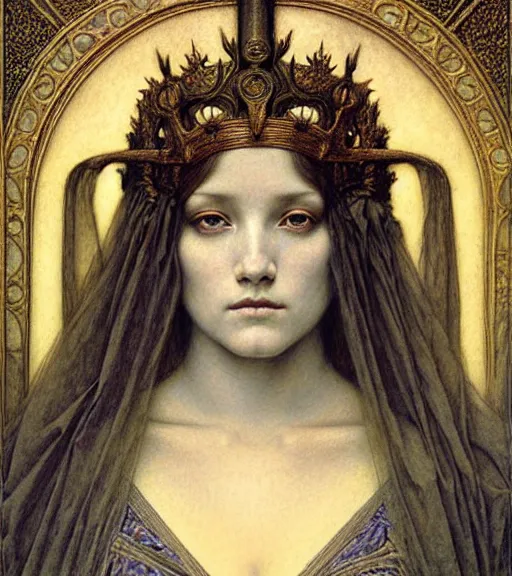 Image similar to detailed realistic beautiful young medieval queen face portrait by jean delville, gustave dore and marco mazzoni, art nouveau, symbolist, visionary, gothic, pre - raphaelite. horizontal symmetry