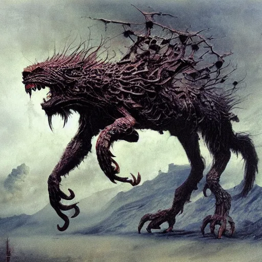 Image similar to warhammer manticore concept, beksinski