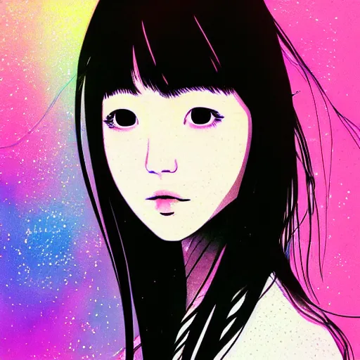 Image similar to daydreaming Nanase Nishino close-up portrait looking straight on, complex artistic color ink pen sketch illustration, full detail, gentle shadowing, fully immersive reflections and particle effects, chromatic aberration.