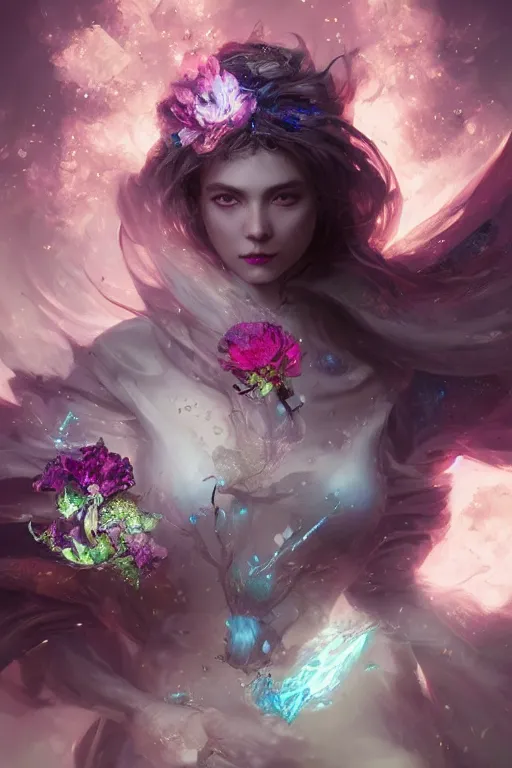 Image similar to beautiful girl necromancer covered with crystals exploding space, 3 d render, hyper realistic detailed portrait, holding magic flowers, ruan jia, wlop. scifi, fantasy, hyper detailed, octane render, concept art, peter mohrbacher