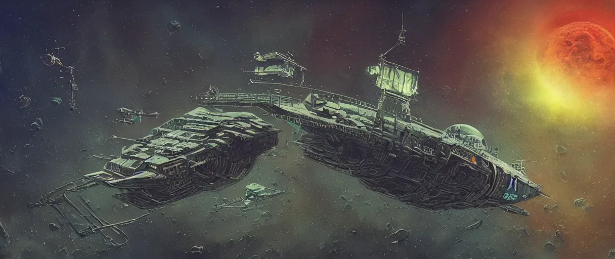 Image similar to tiny spaceship!!, deep space exploration!!!, flying, ridley scott universe, industrial design, the final frontier, illustrative!!, punk, space pirate, painterly, hyperdetailed, hyperrealistic, utilitarian cargo ship, cinematic lighting, 4k, wide angle, beksinski, (neon colors)