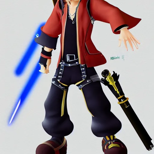 Prompt: sora from kingdom hearts using a laser blade ( from star wars ) instead of a keyblade