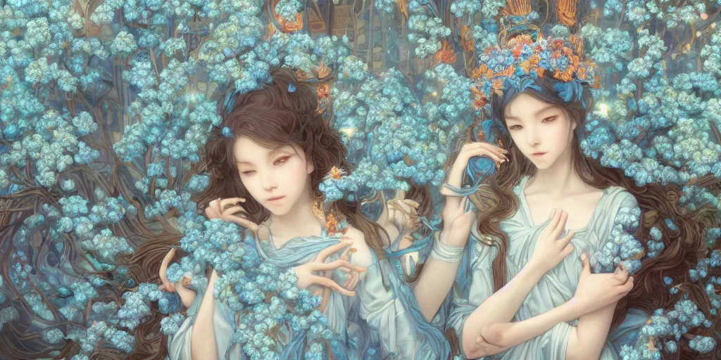 Image similar to breathtaking detailed concept art painting of hugs goddesses of light-blue flowers, orthodox saint, with anxious, piercing eyes, ornate background, amalgamation of leaves and flowers, by Hsiao-Ron Cheng, James jean, Miho Hirano, Hayao Miyazaki, extremely moody lighting, 8K