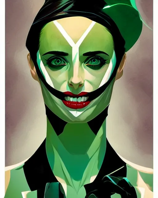 Image similar to style of Joshua Middleton comic book art, Nick Dragotta comic art, beautiful witch Krysten Ritter, symmetrical face, symmetrical eyes, scary smile, black and green eyes, full body, dark green dress