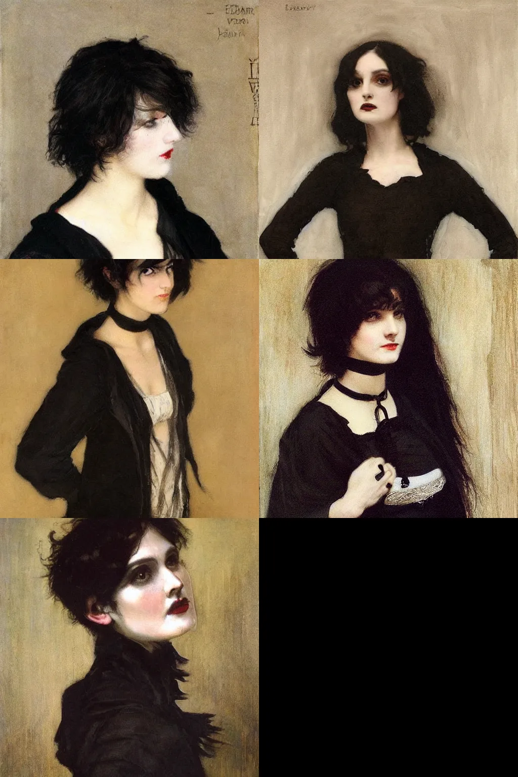 Prompt: goth painted by edwin austin abbey. high - quality character portrait. short dark brown messy pixie haircut, slightly rounded face, pointed chin, large black eyes!!!, small nose, black tank top, black leather jacket, black knee - length skirt, black choker.