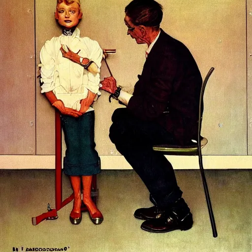 Image similar to A scientist presents the synthetic person she has just made. A painting by Norman Rockwell.