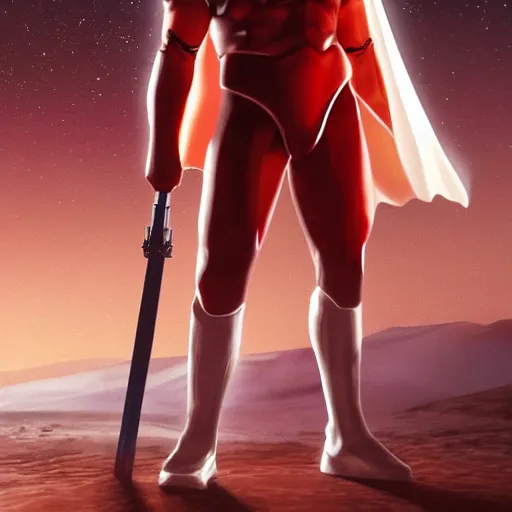 Image similar to tall muscular infantry man in glossy sleek white armor with a few red details and a long red cape, heroic posture, on the surface of mars, night time, dramatic lighting, cinematic, sci-fi, hyperrealistic, movie still