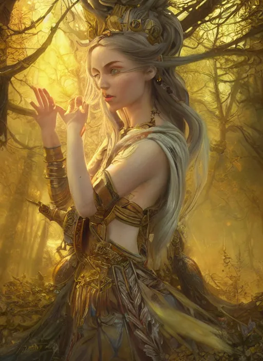 Image similar to intricate oil painting portrait by Anna Dittmann depicting a stunning female fantasy cleric in a bright temple surrounded by yellow spring forest and dead trees, evening, atmospheric lighting, intricate detail, cgsociety, hyperrealistic, octane render, RPG portrait, ambient light, dynamic lighting