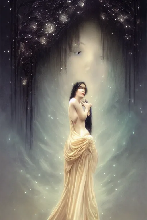 Image similar to Nocturne, glowing, stars, a long-legged elegant evil woman, long black hair, highly detailed, mysterious, ethereal, dressed in black velvet, haute couture, illustration, dramatic lighting, soft details, painting, by Edmund Blair Leighton, Brom, Charlie Bowater, trending on artstation, faces by Tom Bagshaw, otto schmidt