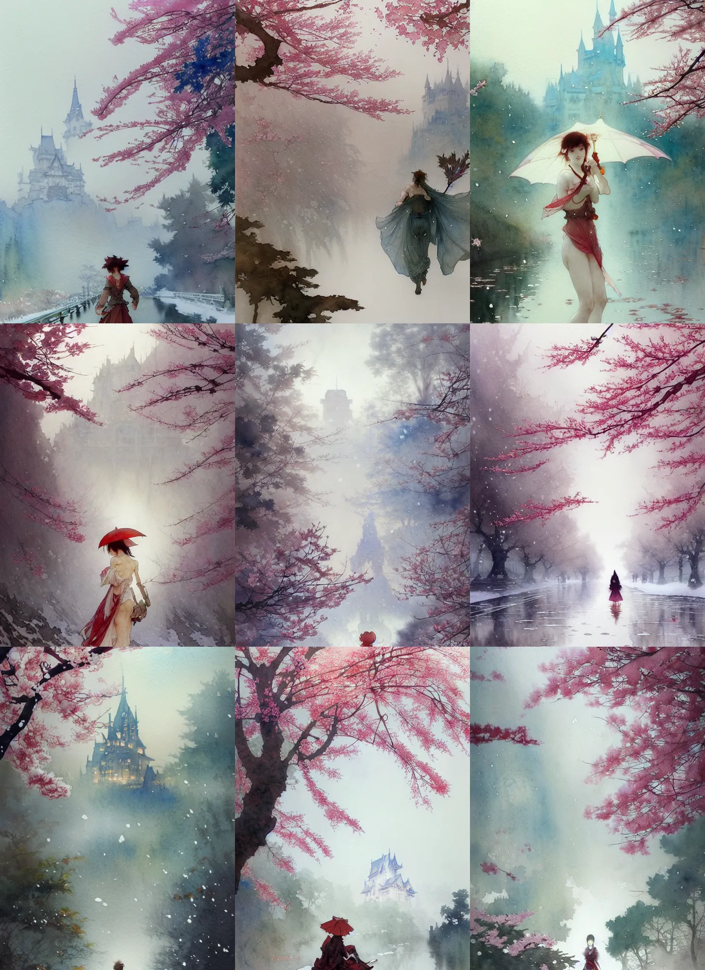 Prompt: detailed watercolor painting, by yoshitaka amano, by ruan jia, by conrad roset, by mucha, by bouguereau, cgsociety, artstation, beautiful nature scene, snowy with cherry blossoms, castle in the background, misty, pastel colors.