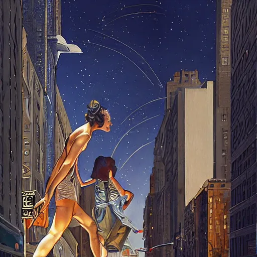 Prompt: detailed aliens walking on the streets painting of vintage new york, old cmputers on the sidewalk, celestial ephemeral ornaments and greek architecture, artstation, joshua middleton, caravaggio, norm rockwell, cinematic