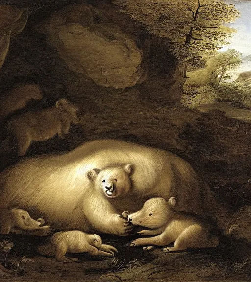 Image similar to looking into dark cave with a mother bear and her cubs sleeping, night time, artwork by Pieter Claesz