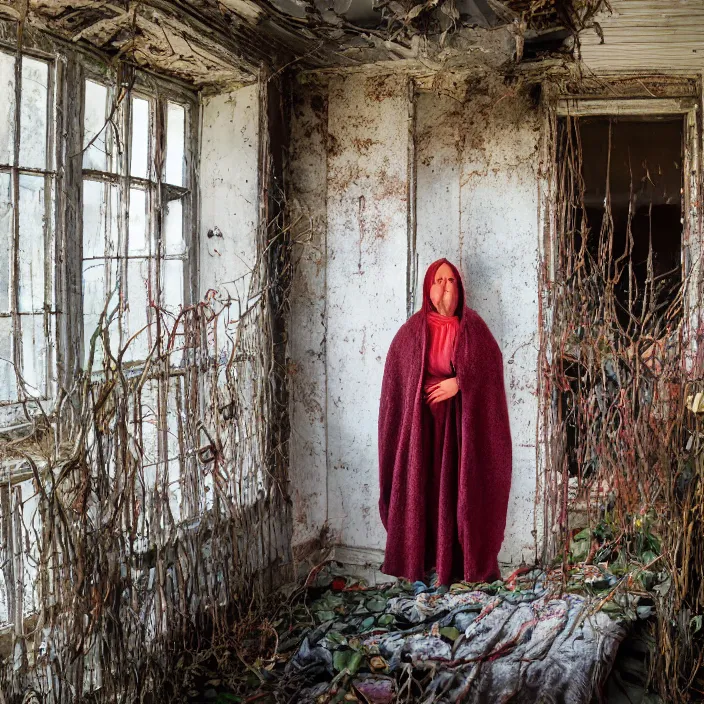 Prompt: a woman wearing a hooded cloak made of zinnias and barbed wire, in a derelict house, by Manny Librodo, natural light, detailed face, CANON Eos C300, ƒ1.8, 35mm, 8K, medium-format print