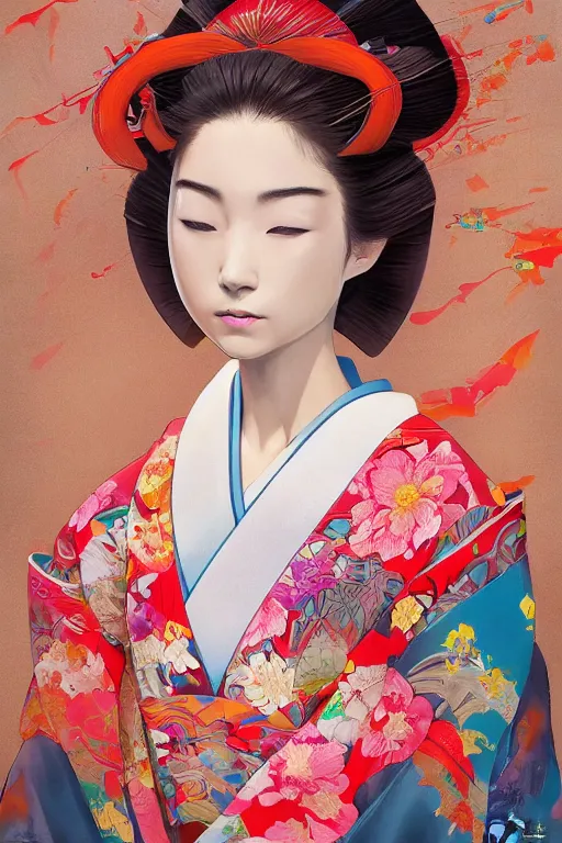 Image similar to a professional painting of a beautiful Japanese Geisha girl, in brightly colored kimono, long dark hair, beautiful bone structure, symmetrical facial features, intricate, elegant, digital painting, concept art, smooth, sharp focus, illustration, from StarCraft by Ruan Jia and Mandy Jurgens and Artgerm and William-Adolphe Bouguerea