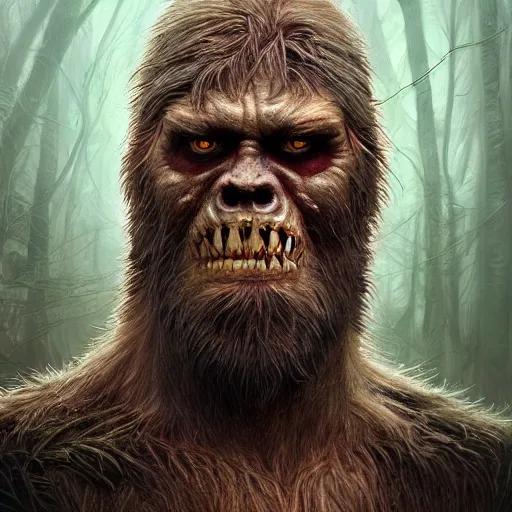 Image similar to by Derek Riggs, angry, glossy, hyperrealistic digital portrait of A zombie bigfoot, D&D, fantasy, intricate, cinematic lighting, highly detailed, digital painting, artstation, concept art, smooth, sharp focus, 8k, illustration, art by Artgerm and Greg Rutkowski