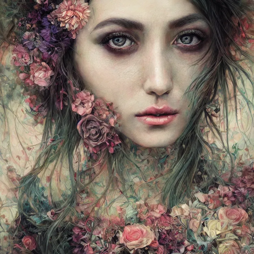 Prompt: close up portrait painting of an alternative artistic bohemian female, concept art, intricate details, aesthetically pleasing colors, art by marco mazzoni, impressionism, portrait, detailed, dark, flowers