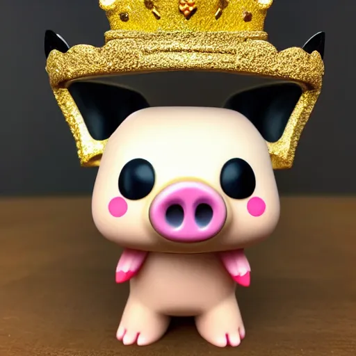 Prompt: pig wearing a gold crown funko pop