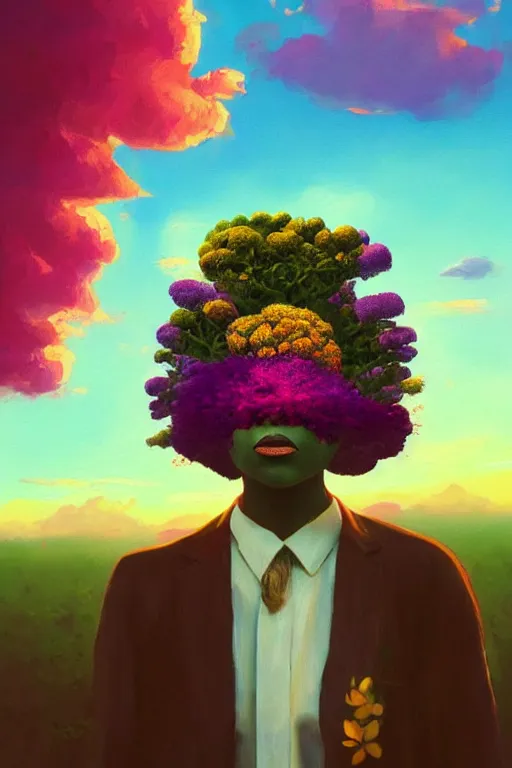 Prompt: portrait, massive flower as head, black woman in suit, surreal photography, golden hour, colorful clouds, impressionist painting, digital painting, artstation, simon stalenhag