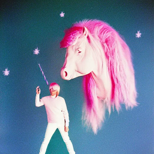 Image similar to andy warhol riding a pink unicorn in space, cinestill 8 0 0 t, award winning photograph