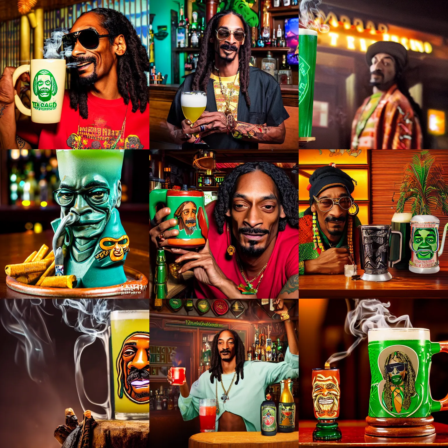 Prompt: a closeup photorealistic photograph of smoking snoop dogg at trader vic's bar holding up a trader vic's tiki mug featuring the face of snoop dogg tiki culture. brightly lit scene. this 4 k hd image is trending on artstation, featured on behance, well - rendered, extra crisp, features intricate detail, epic composition and the style of unreal engine.