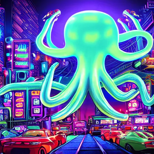 Image similar to big octopus monster burning neon city digital art, highly detailed, 4k,