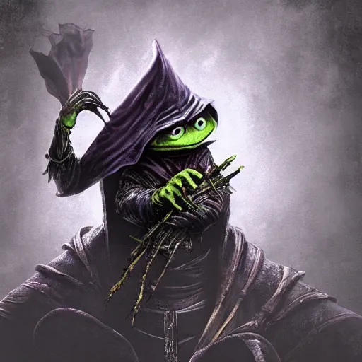 Image similar to evil kermit the frog, dark souls, bloodborne, elden ring, by hidetaka miyazaki