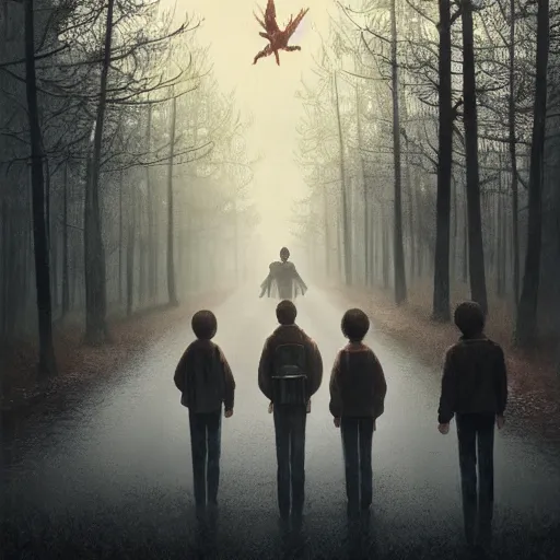 Prompt: the stranger things poster by Aron Wiesenfeld and beksincki, cinematic, detailed illustration, nature, fog, dark colors, suspense, intricate, 8k