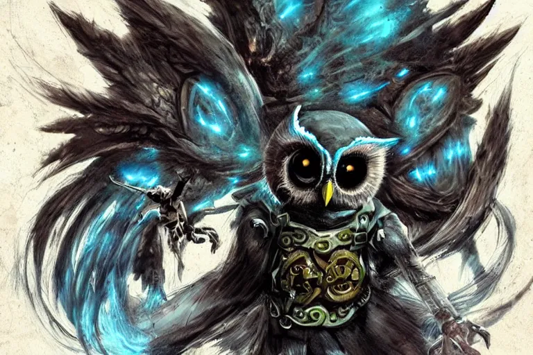 Prompt: the undefeatable, insurmountable, all - seeing enchanting necro - owl of time, able to control all abstractions and elude the physical world through mesmerising quantum - flight. battle face. dark night. dark fantasy concept art.