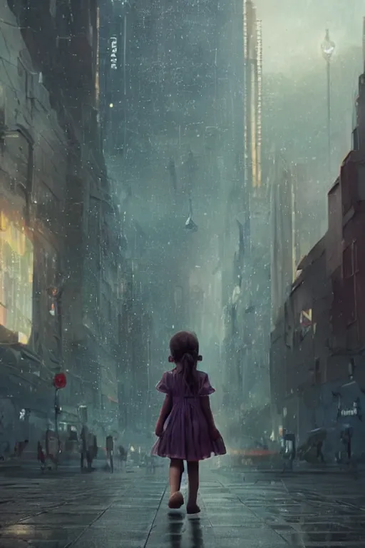 Image similar to a portrait of a small person wearing a cute dress in the middle foreground walking in the street of a sci-fi city by Greg Rutkowski, Sung Choi, Mitchell Mohrhauser, Maciej Kuciara, Johnson Ting, Maxim Verehin, Peter Konig, final fantasy , mythical, 8k photorealistic, cinematic lighting, HD, high details, atmospheric,