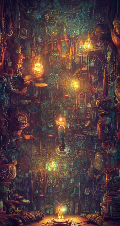 Image similar to tapestries of dreams, ultra detailed, dark, steampunk, moody, candles, neon signs, neon highlights, characters from machinarium, by don bluth, trending on artstation, octane render