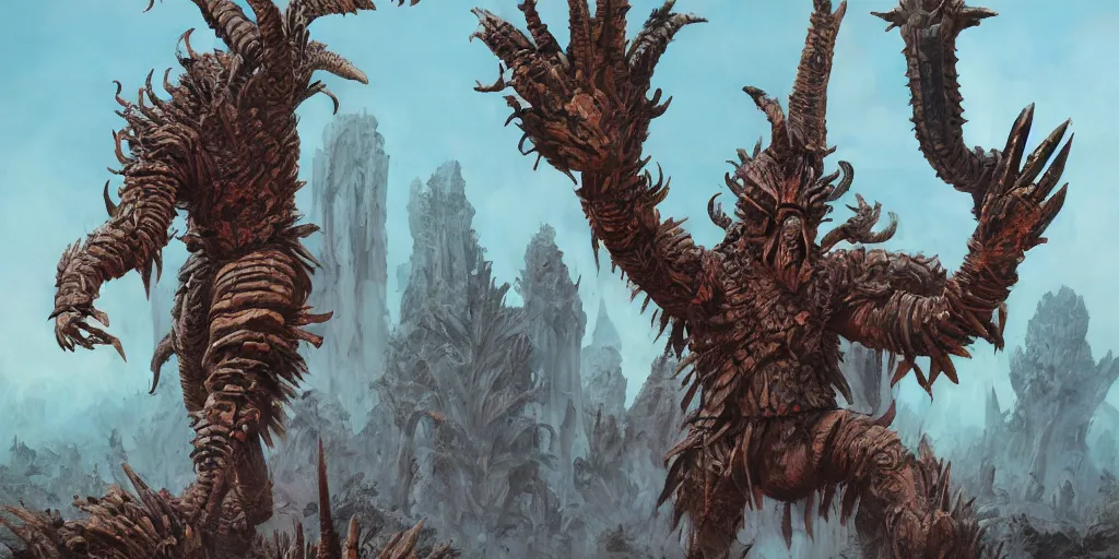 Image similar to Aztec statue colossus creature, character design sheet, Monster Hunter Illustrations art book, giant, trees growing on its body, enormous hands, long limbs, horns on its head, bright pale blue eyes, Moebius, Greg Rutkowski, Zabrocki, Karlkka, Jayison Devadas, Phuoc Quan, trending on Artstation, 8K, ultra wide angle, zenith view, pincushion lens effect.