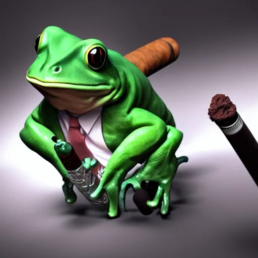 Image similar to a high quality photo of an antropomorphic frog wearing a suit smoking a cigar, 3d scene, render, ultra realistic, artstation, cgsociety