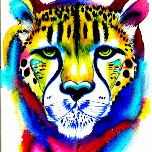 Image similar to colorful cheetah face in the style of laurel burch detailed watercolor and colored pencil painting 4 k