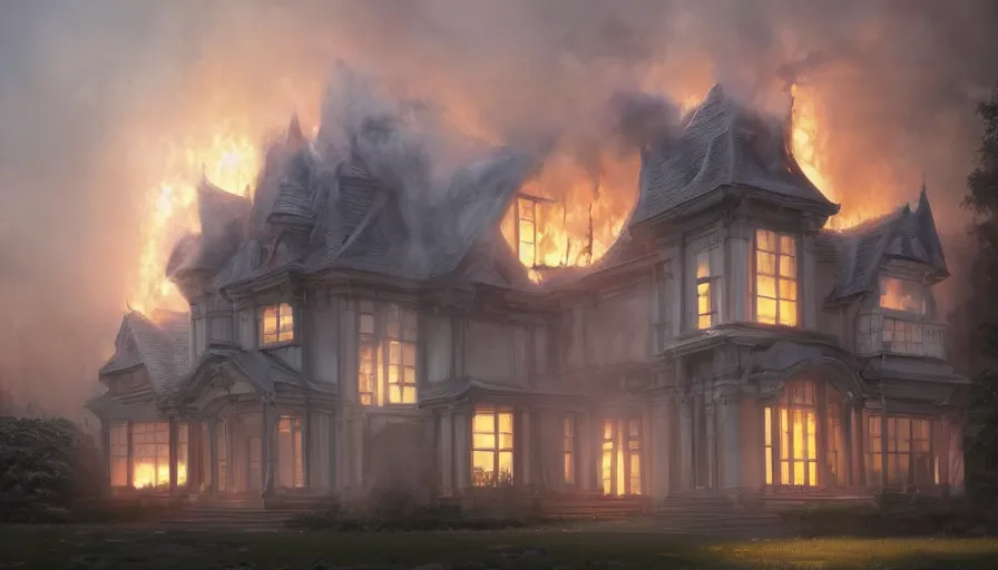 Image similar to A highly detailed matte painting of a white mansion engulfed in flames, by Studio Ghibli, Makoto Shinkai, by Artgerm, by WLOP, by Greg Rutkowski, volumetric lighting, octane render, 4K resolution, trending on artstation, masterpiece