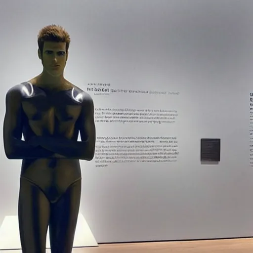 Image similar to “ a realistic detailed photo of a guy who is an attractive humanoid who is half robot and half humanoid, who is a male android, actor liam hemsworth, shiny skin, posing like a statue, blank stare, at the museum, on display ”