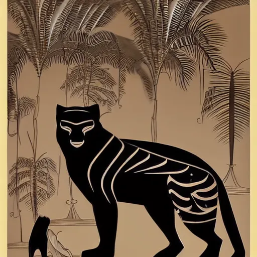 Image similar to artdeco illustration of one beautiful majestic black panther in style of egyptian god. bast. basket. ferocious. ornate. beautiful. mysterious. intricately detailed. meticulously rendered. background is a jungle. epic skym hd. trending on art station. h 7 6 8